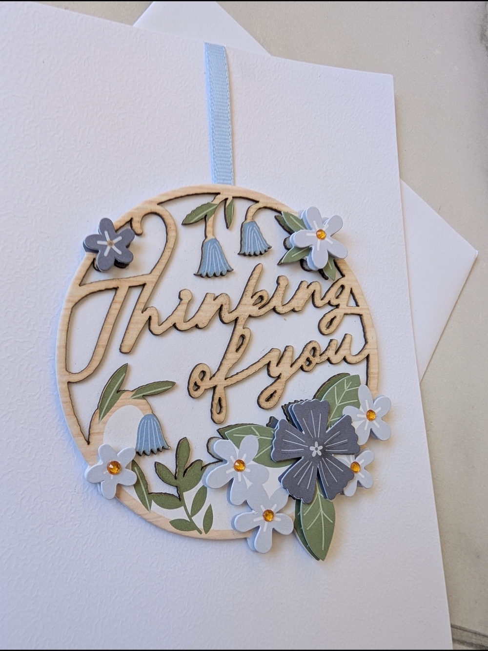 Thinking of You Floral Wooden Accent Card - Blue and White - Picture 2 of 3